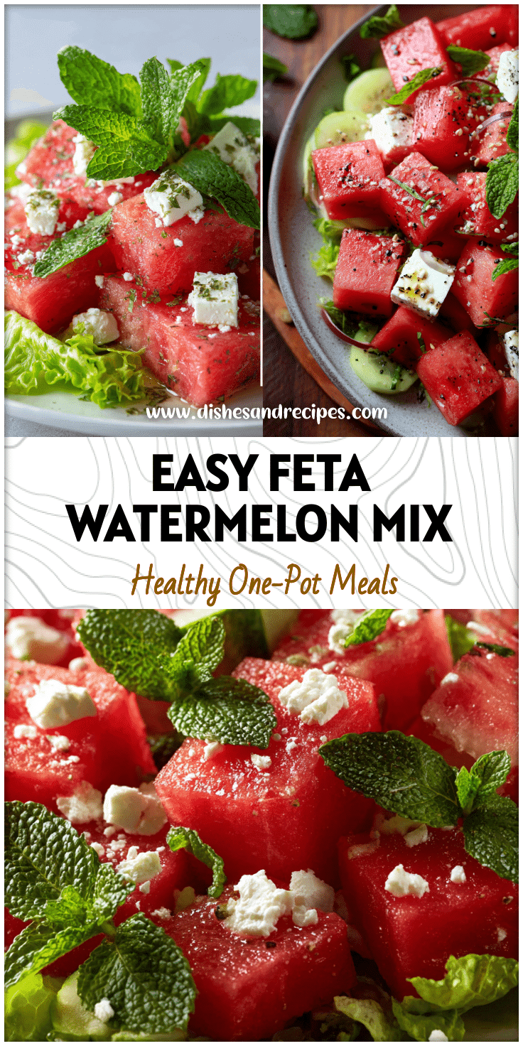Colorful Healthy Watermelon Salad with feta cheese, mint leaves, and lettuce arranged on a summer table.